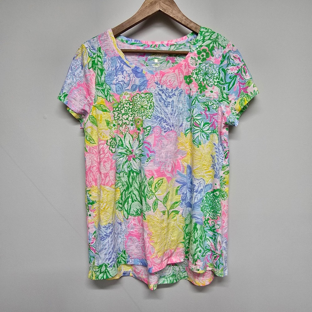 Lilly Pulitzer Etta Top T-Shirt Women Large Floral Print Slub Preppy Coastal